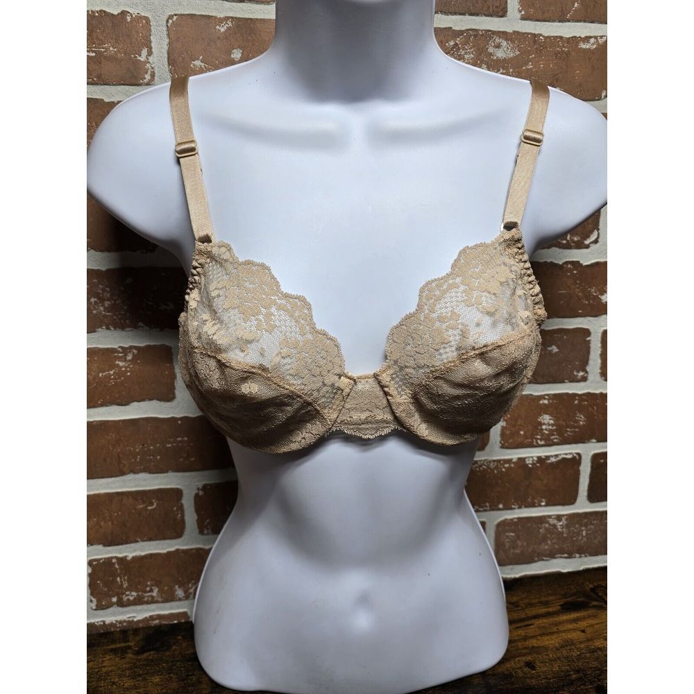 Vintage Angela Underwire Bra‎ Size 34B Mesh And Floral Lace See Through Beige